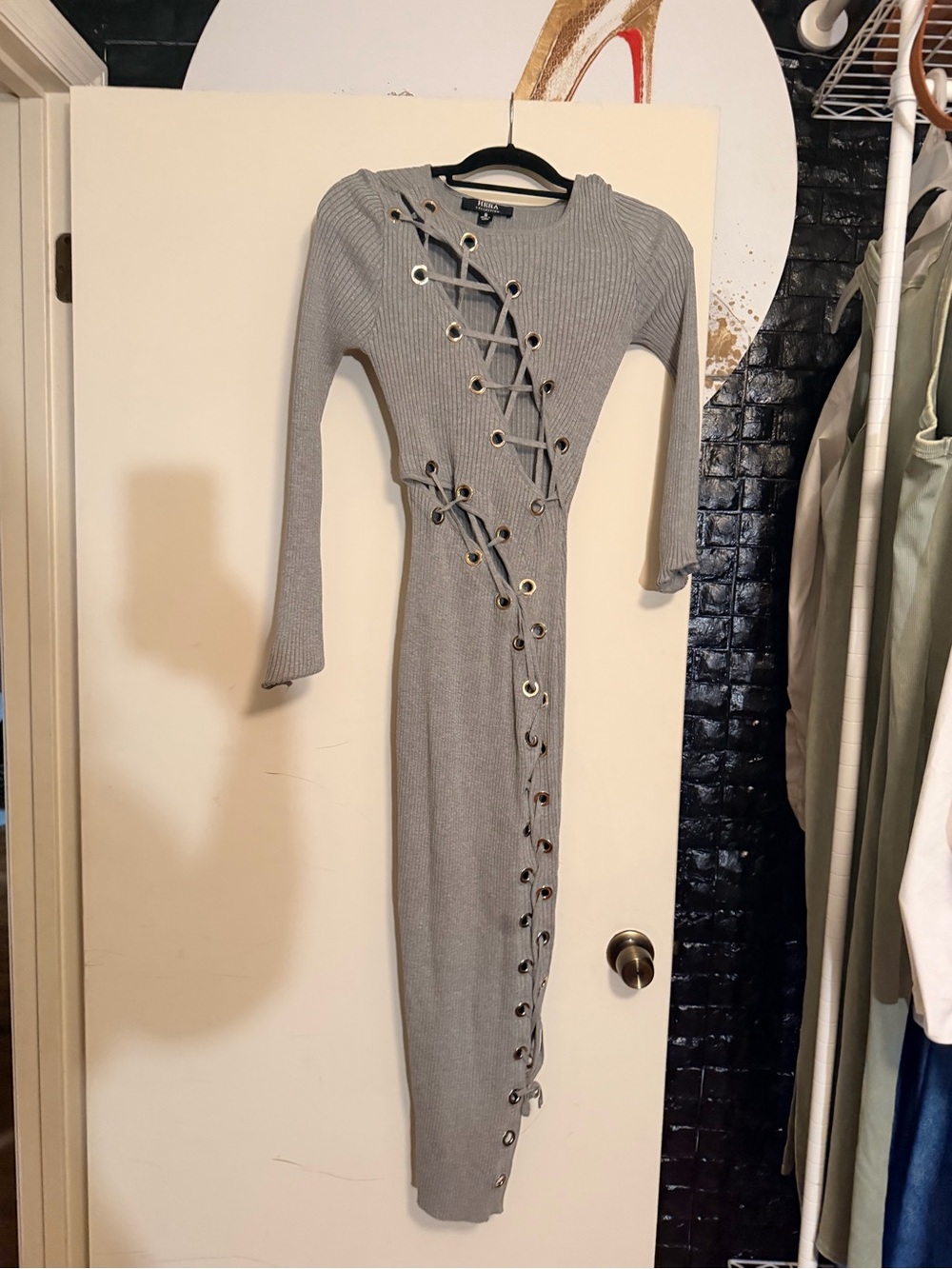 Ribbed Lace-Up Long Sleeve Midi Dress in Light Gray - Picture 4 of 4